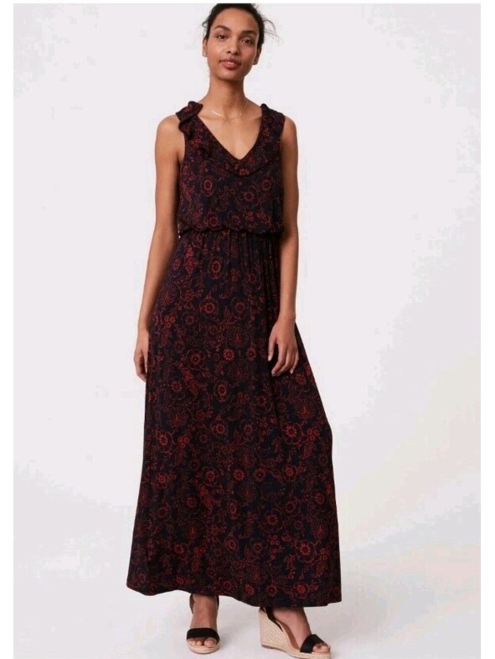 Ann Taylor LOFT Floral Ruffle Maxi Dress Size LP Soft Streach